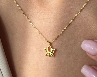 Sterling Silver Lotus Flower Necklace: 14K Gold Plated Yoga Pendant