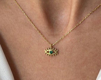 Green Eye Necklace • 925K Sterling Silver • Protective Gift For Her • 14K Gold Plated • Eye Jewelry • Green Pendant • Minimalist Gift