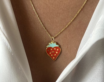 Strawberry Pendant Necklace: 14K Gold Plated Sterling Silver, Enamel Charm