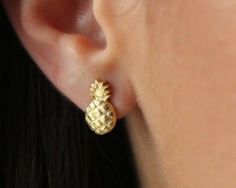 Gold Ananas Ohrringe: Echtsilber Tropische Ohrstecker