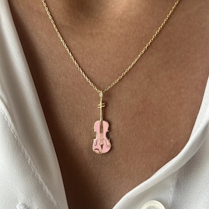 Pink Violin Necklace • 14K Gold Plated • Music Jewelry • 925K Sterling Silver • Cute Pink Jewelry •  Minimalist Necklace • Gift for Musician