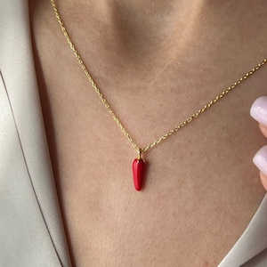 May include: A gold chain necklace with a small red chilli pepper pendant.