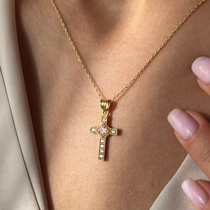 Cross Necklace with Birthstone • 925K Sterling Silver • Christian Jewelry • 14K Gold Plated • Gift for Religious • Minimalist Gift for Mom