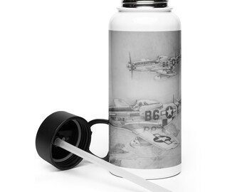 May include: A white water bottle with a black lid and straw. The bottle features a black and white illustration of two vintage fighter planes. The planes have the number "B6" on their sides. The bottle is designed to keep drinks cold.