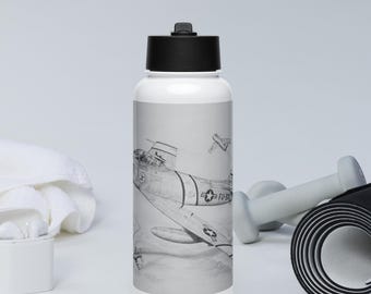 May include: White water bottle with a black lid and a black and white drawing of a jet plane on the side. The plane is labeled "FU-581".