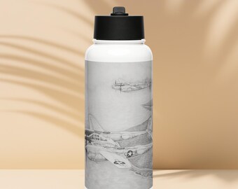 May include: White water bottle with a black lid and a black and white illustration of two airplanes in flight. The illustration is a pencil drawing.
