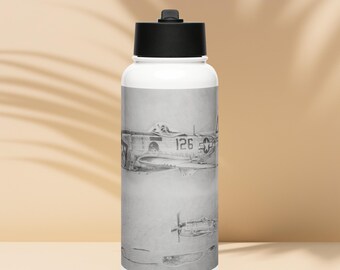 May include: White water bottle with a black lid and a black and white drawing of a P-47 Thunderbolt airplane on the side. The drawing includes the number "126" on the side of the plane.