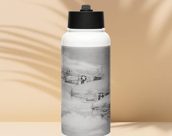 May include: A white stainless steel water bottle with a black lid and a black and white image of three vintage fighter planes flying in formation. The planes are in the clouds.
