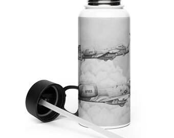May include: A white stainless steel water bottle with a black lid and a black straw. The bottle has a black and white image of two A-10 Thunderbolt II aircraft flying in the clouds. The text "AFRES" is visible on one of the aircraft.