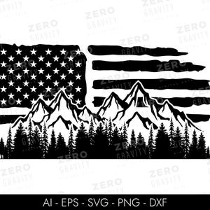 Amerikansk flagga och berg SVG, bergssilhuett PNG, retro bergssvg, digital nedladdning, bergsscen svg, USA-flagga svg, silhuett