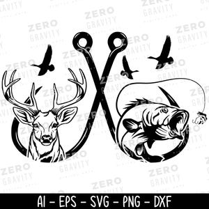 Archivo SVG de caza, cabeza de ciervo, pesca de lubina, descarga digital, caza de fauna silvestre, silueta, anzuelo, diseños de camisetas DIY