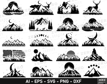 Mountain Svg Bundle, Mountains Silhouette Bundle, Digital Mountain Files for Cricut, Mountain and Forest Svg Clipart, Landscape and Tree Svg