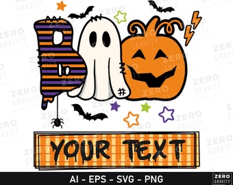 Może przedstawiać: Wzór o tematyce Halloween z napisem "BOO" w czarno-pomarańczowych paskach, białym duchem, uśmiechniętą pomarańczową dynią i nietoperzami. Wzór zawiera również gwiazdki, błyskawice i pająka. Tekst "YOUR TEXT" jest wyświetlany na banerze pod wzorem.