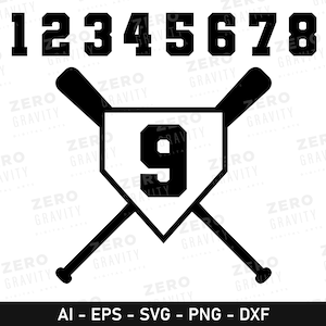 May include: Black and white baseball themed design with the numbers 0 through 9 and a baseball diamond with the number 9 inside. The design includes two crossed baseball bats.