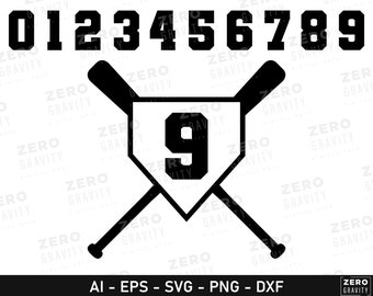 Baseball Numbers SVG for Crafts and DIY Projects, Numbers for Custom Baseball Jersey, Crossed Baseball Bat & Numbers Clipart, Baseball Gift