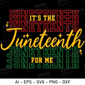 Peut inclure: Une conception graphique avec le texte "Juneteenth" en jaune, avec les mots "It's the" et "For Me" en rouge et vert. Le texte est répété en un motif superposé, créant un effet visuel.