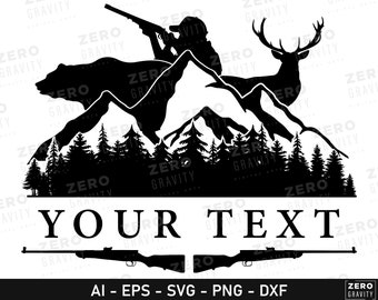 May include: Black and white silhouette design featuring a hunter with a rifle, a bear, a deer, and mountains. The design includes the text "YOUR TEXT" and a rifle at the bottom.
