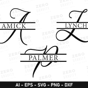 May include: Three black and white monogram designs with a split-letter style. The letters are stylized with a script font. The names "Amick", "Lynch", and "Palmer" are written in a sans-serif font below the letters.