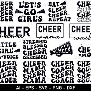May include: A set of 12 black and white digital cut files featuring cheerleading slogans. The slogans include "Cheer Mama", "Cheer Coach", "Cheer Mom", "Little Girl Big Voice", "Stressed Blessed Cheer Obsessed", "Cheer Leader", "Cheer Mama", "Cheer Coach", "Cheer Squad", "Let's Go Girls", "Eat Sleep Cheer Repeat", and "Cheer Cheer Cheer Cheer".
