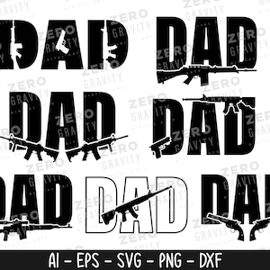 Könnte beinhalten: Schwarz-weißes digitales Design mit dem Wort „DAD“ und Waffensilhouetten, die in die Buchstaben integriert sind. Das Design umfasst mehrere Variationen des Wortes und der Waffenkombinationen.