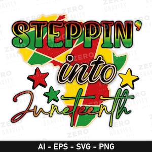 May include: A graphic design featuring a stylised outline of the African continent in red, yellow and green colours. The text "STEPPIN' into Juneteenth" is written in black with a green outline. There are three stars in the design, one red, one green and one yellow.
