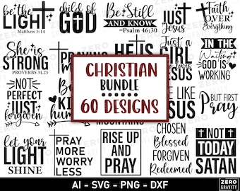 May include: A digital download of 60 Christian-themed designs in black and white. The designs feature inspirational quotes and phrases, such as "Be the Light", "Child of God", "Just Jesus", and "Faith Over Everything". The designs are perfect for creating crafts, t-shirts, mugs, and other personalized items.