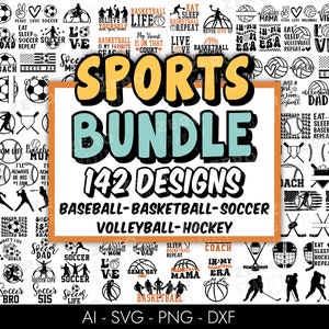 Paquete SVG de deportes, diseños deportivos de descarga digital, fútbol, baloncesto, béisbol, fútbol, voleibol y hockey, balones deportivos Svg Png