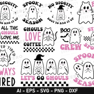 May include: A collection of Halloween-themed graphic designs in black and pink. The designs feature ghosts, cats, bats, and phrases like "Spooky Season," "Ghouls Love Coffee," and "Always Wired." The image includes file formats: AI, EPS, SVG, PNG, and DXF.