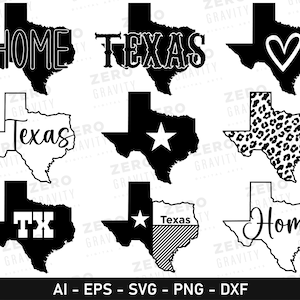 Pode incluir: Oito designs de contorno do estado do Texas em preto e branco com diferentes textos e padrões. Os designs incluem "Home", "Texas", "Texas" com uma estrela, "TX", "Texas" com listras, "Home" em itálico, um coração e uma estampa de leopardo.