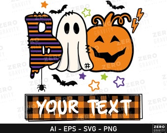 Może przedstawiać: Wzór o tematyce Halloween z napisem "BOO" w czarno-pomarańczowe paski, białym duchem, uśmiechniętą pomarańczową dynią i czarno-pomarańczową kratkowaną flagą z tekstem "YOUR TEXT".