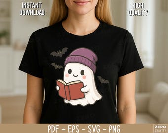 本を読んでいるかわいい幽霊のSVG、ハロウィーンのSVG、読書好きのシャツのSVG、Cricut用のSVGファイル、本好きの幽霊のPNG、幽霊のクリップアート、すぐにダウンロード