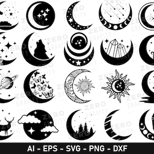 Moon SVG Bundle, Floral Moon Svg, Celestial Svg, Moon Phase Svg Cut File, Moon Clipart Files for Cricut, Crescent Moon Svg Bundle