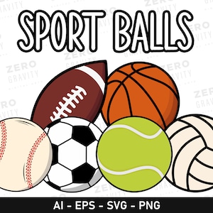 Sportbälle SVG Bundle, digitaler Download Satz von Sportbällen, Fußball - Basketball - Baseball - Fußball - Tennis - Volleyball druckbare Kunst