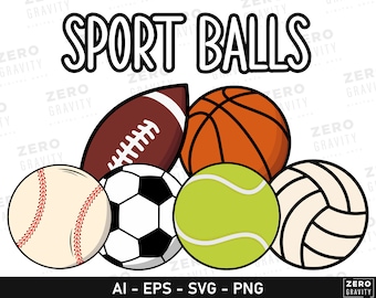 Sport Balls SVG Bundle, Digital Download Set Of Sport Balls, Football - Basketball - Baseball - Soccer - Tennis - Volleyball Printable Art