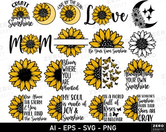 Sunflower SVG Bundle: Boho Floral Cut Files, Split Sunflower Svg, Sunflower Quotes (Digital Download)