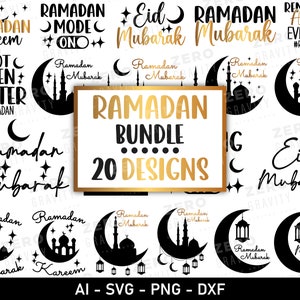 Può includere: Un set di 20 design di Ramadan Mubarak in nero e oro. I design includono lune crescenti, stelle, moschee e testo in arabo e inglese. I design sono perfetti per creare biglietti, inviti e altri lavoretti.