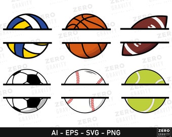 Split Sports Balls SVG Bundle for Custom Name, Set Of Sport Balls, Football - Basketball - Baseball - Soccer - Tennis - Volleyball Png Svg