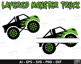 Monster Truck Svg, File di taglio Svg Monster Truck a strati, Monster Truck diviso PNG, Idea invito compleanno Monster Truck, Sublimazione Svg per bambini