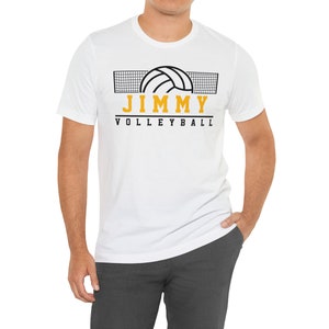 May include: White t-shirt with a black and white volleyball graphic and the text "JIMMY VOLLEYBALL" in yellow.
