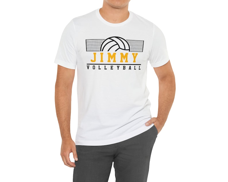 May include: White t-shirt with a black and white volleyball graphic and the text "JIMMY VOLLEYBALL" in yellow.