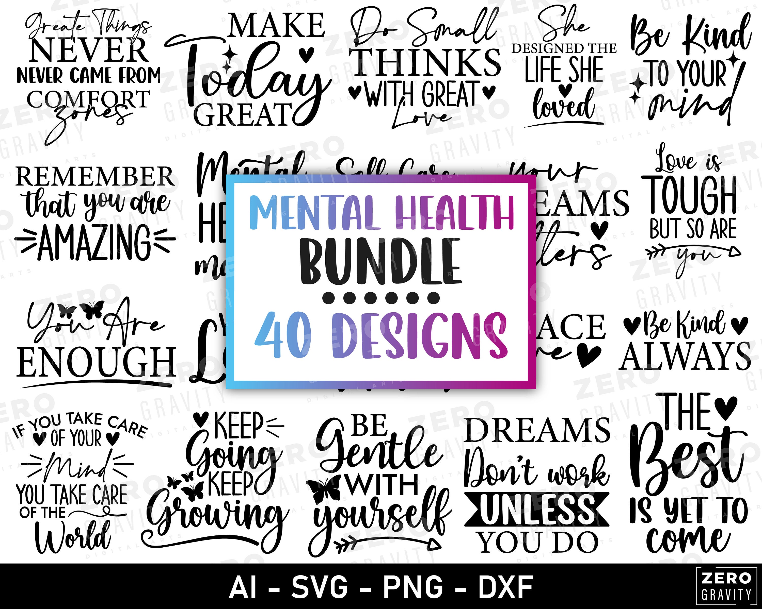 Mental Health SVG Bundle 40 Designs, Inspirational Quotes SVG, Self ...