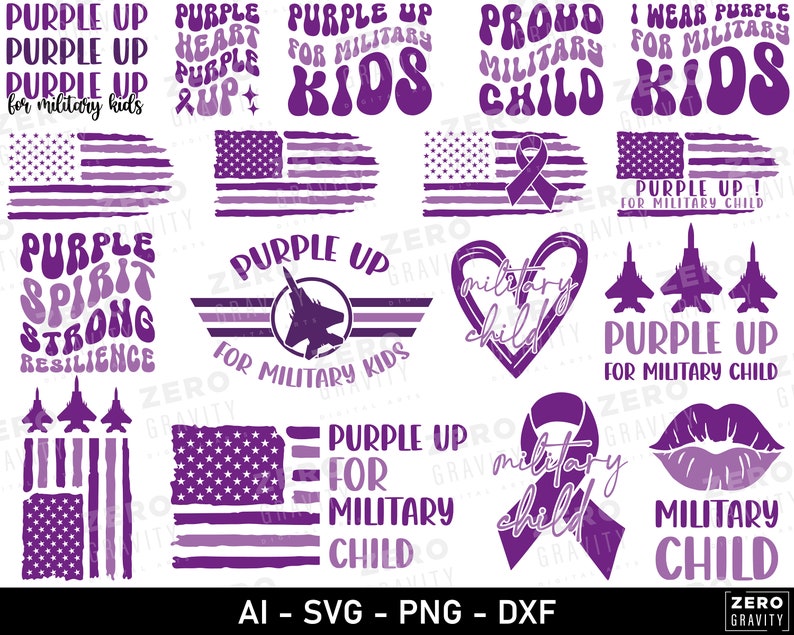 Paquete de archivos SVG para niños militares, Purple Up y diseños para niños militares imagen 1