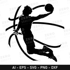 Puede incluir: Silueta de un jugador de baloncesto en el aire, a punto de tirar a canasta. El jugador está rodeado de un aro de baloncesto y una red.