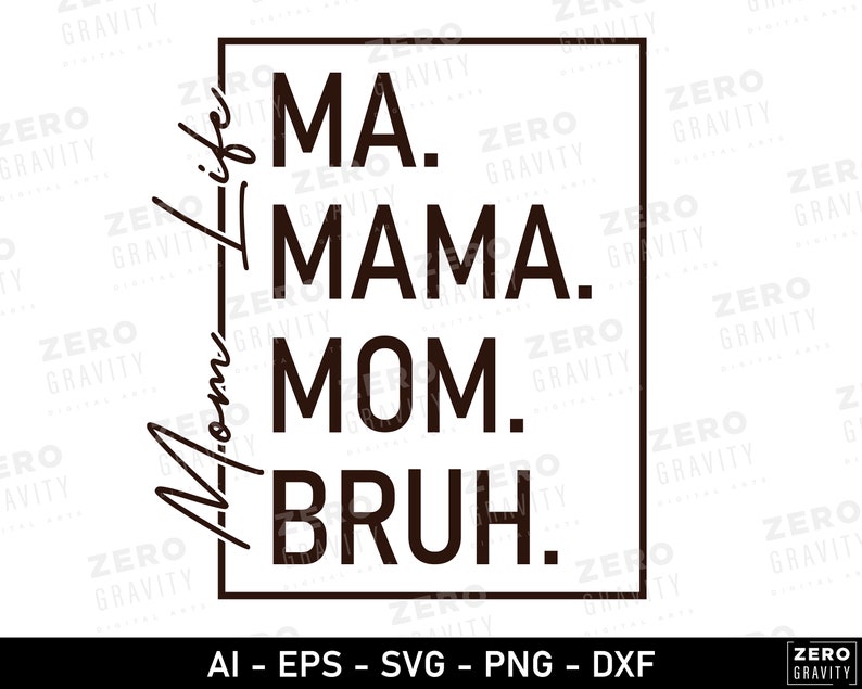 May include: Black and white graphic text design with the words "Mommy like" written vertically on the left side of the image and "MA. MAMA. MOM. BRUH." written in a box on the right side of the image.