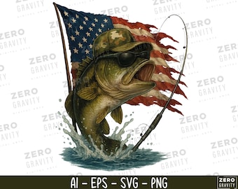 Bass Fishing with American Flag Sublimation Design PNG, Fishing Shirt Design, DİGİTAL DOWNLOAD, Hunting Png, Patriotic Fishing Png, Outdoor