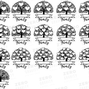 May include: A set of 20 black and white family tree SVG cut files. Each file features a stylized tree with hearts for leaves and a banner that says "Family".