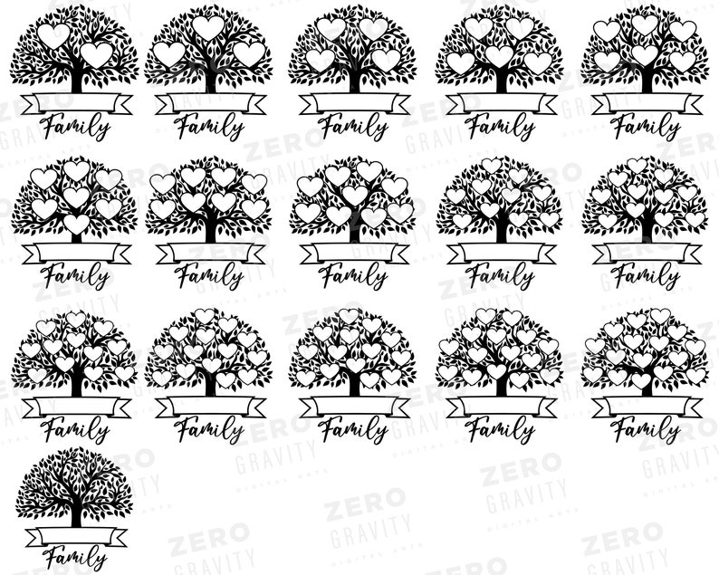 May include: A set of 20 black and white family tree SVG cut files. Each file features a stylized tree with hearts for leaves and a banner that says "Family".