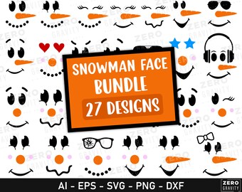 Pacchetto di facce di pupazzo di neve in formato SVG, download digitale di pupazzo di neve in formato SVG per magliette, clipart di pupazzo di neve per Natale, pupazzo di neve in formato PNG, silhouette di facce di pupazzo di neve in formato SVG