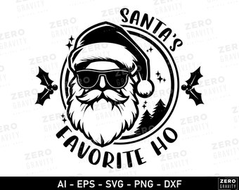 May include: Black and white illustration of Santa Claus wearing sunglasses and a Santa hat. The illustration is inside a circle with the text "Santa's Favorite Ho" around the outside.