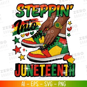 Puede incluir: Un diseño gráfico colorido con el texto "Steppin' Into Juneteenth" y un par de zapatillas rojas, amarillas y verdes. El diseño incluye un reloj dorado, estrellas, corazones y un contorno de África.